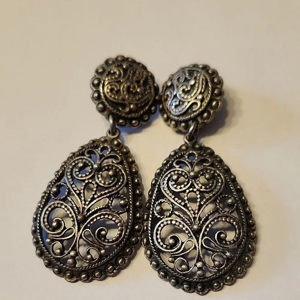 Vintage Signed DANON Judaica Scrolled Silver Tone Drop Clip On Earrings